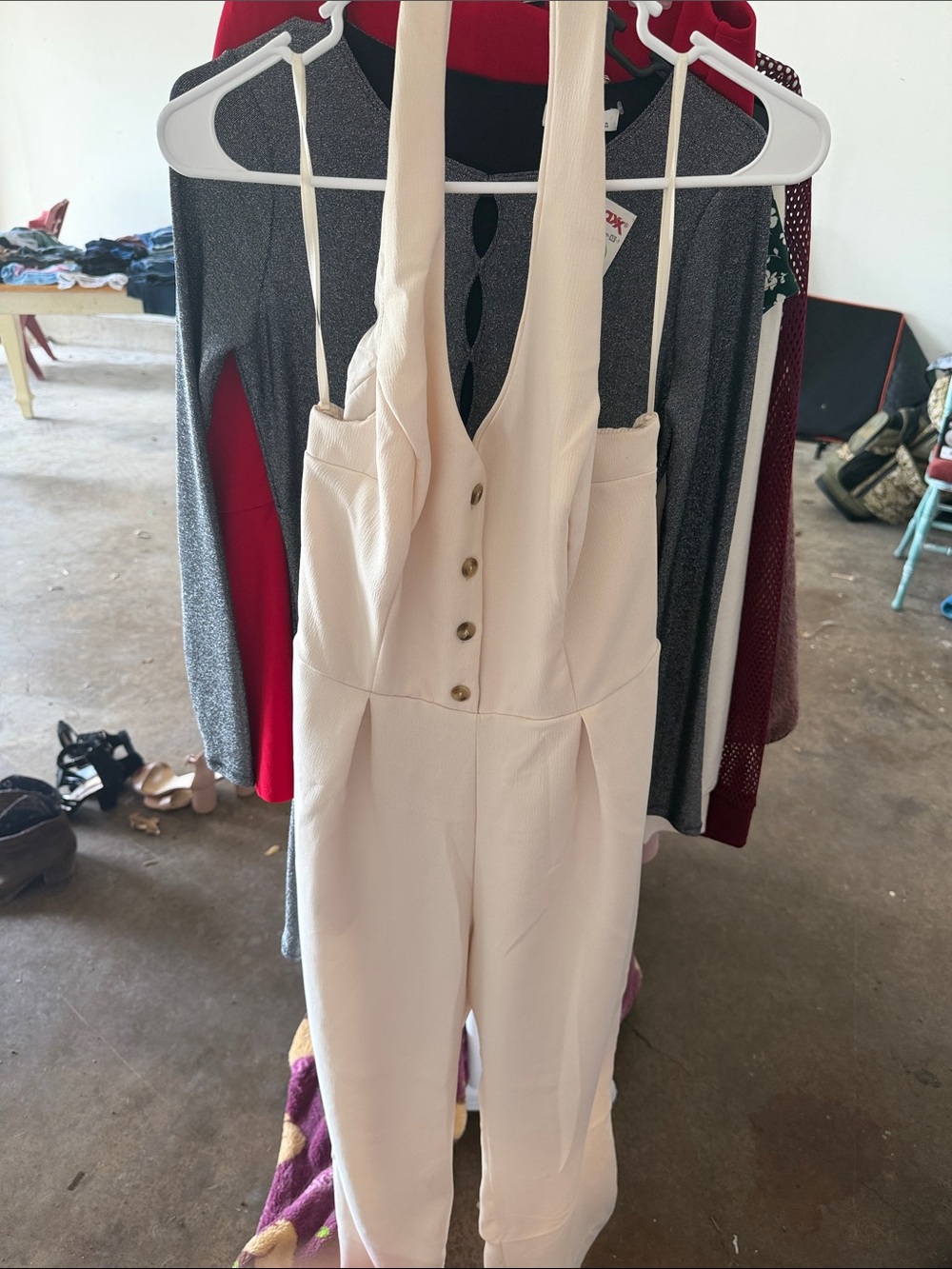 Song of Style Cream Button-Front Jumpsuit with Adjustable Straps